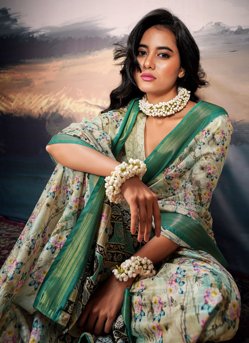 Off-White Cotton Silk Digital Flower Printed Casual Wear Saree