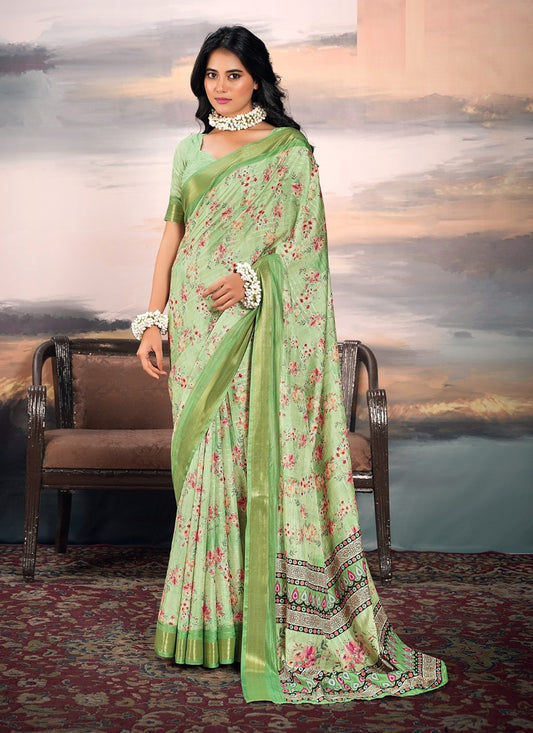 Parrot Green Cotton Silk Digital Flower Printed Casual Wear Saree