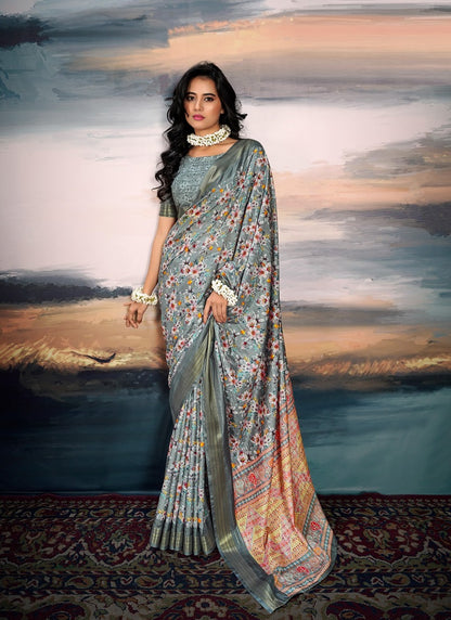 Gray Cotton Silk Digital Flower Printed Casual Wear Saree