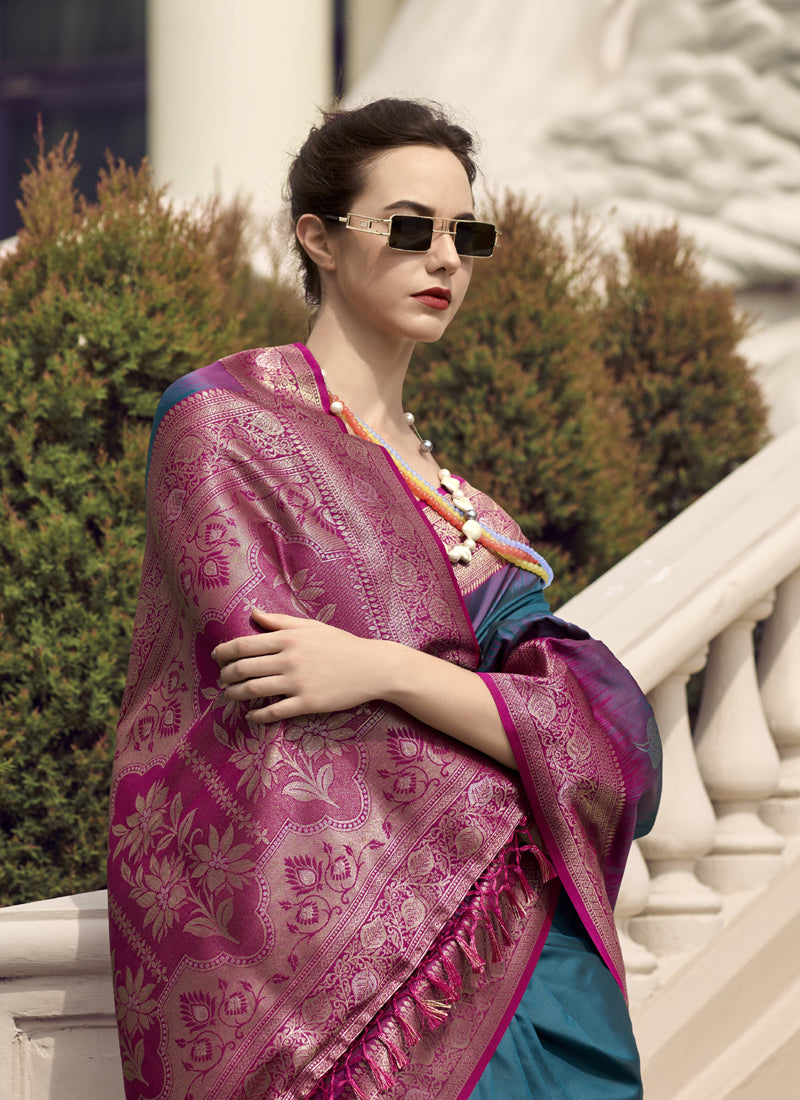 Peacock Blue & Pink Soft Silk Zari Tradtional Wear  Saree