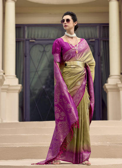 Mehndi & Pink Soft Silk Zari Tradtional Wear Saree