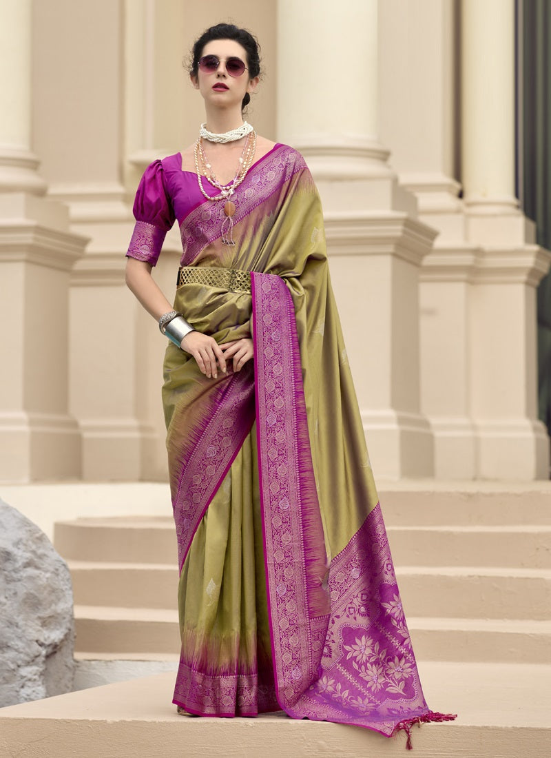 Mehndi & Pink Soft Silk Zari Tradtional Wear Saree