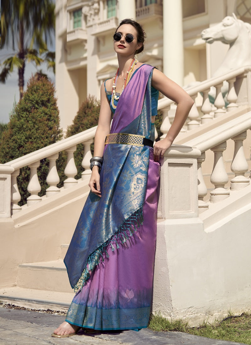 Onion Pink & Sky Blue Soft Silk Tradtional Wear Saree