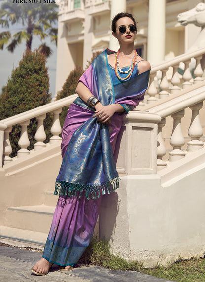 Onion Pink & Sky Blue Soft Silk Tradtional Wear Saree