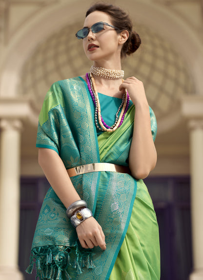 Parrot Green & Turquoise Soft Silk Tradtional Wear Saree