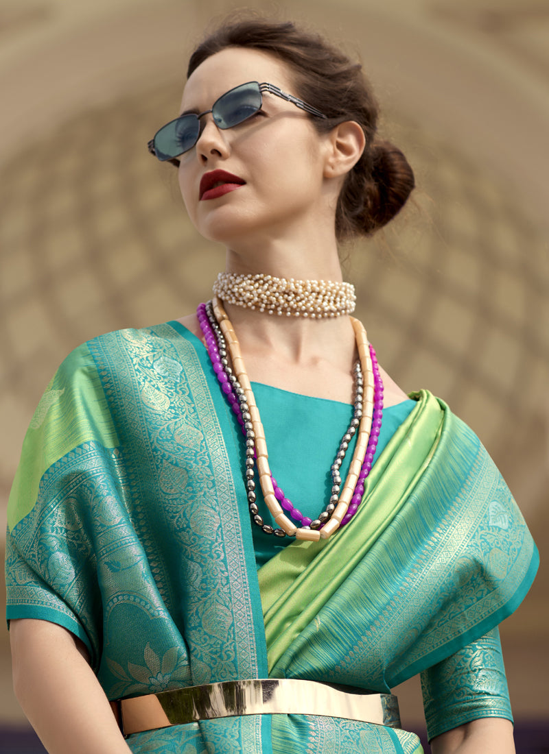 Parrot Green & Turquoise Soft Silk Tradtional Wear Saree