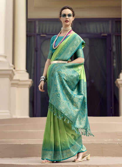 Parrot Green & Turquoise Soft Silk Tradtional Wear Saree