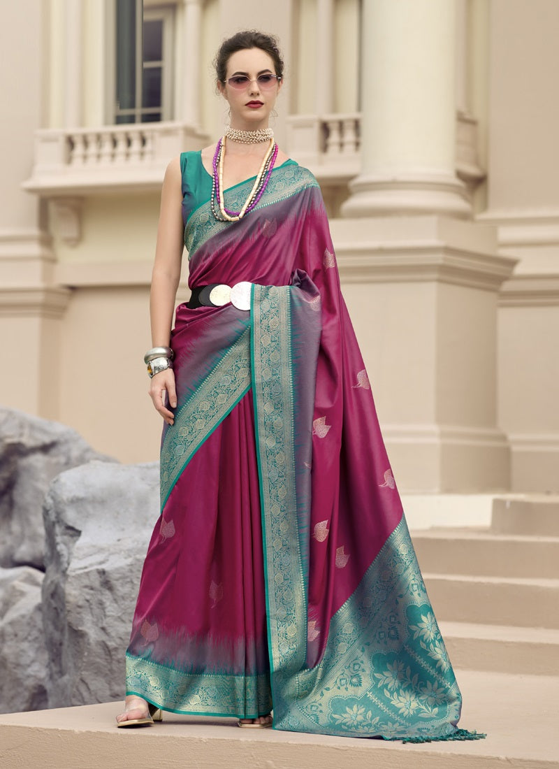 Peacock Blue & Wine Soft Silk Tradtional Wear Saree
