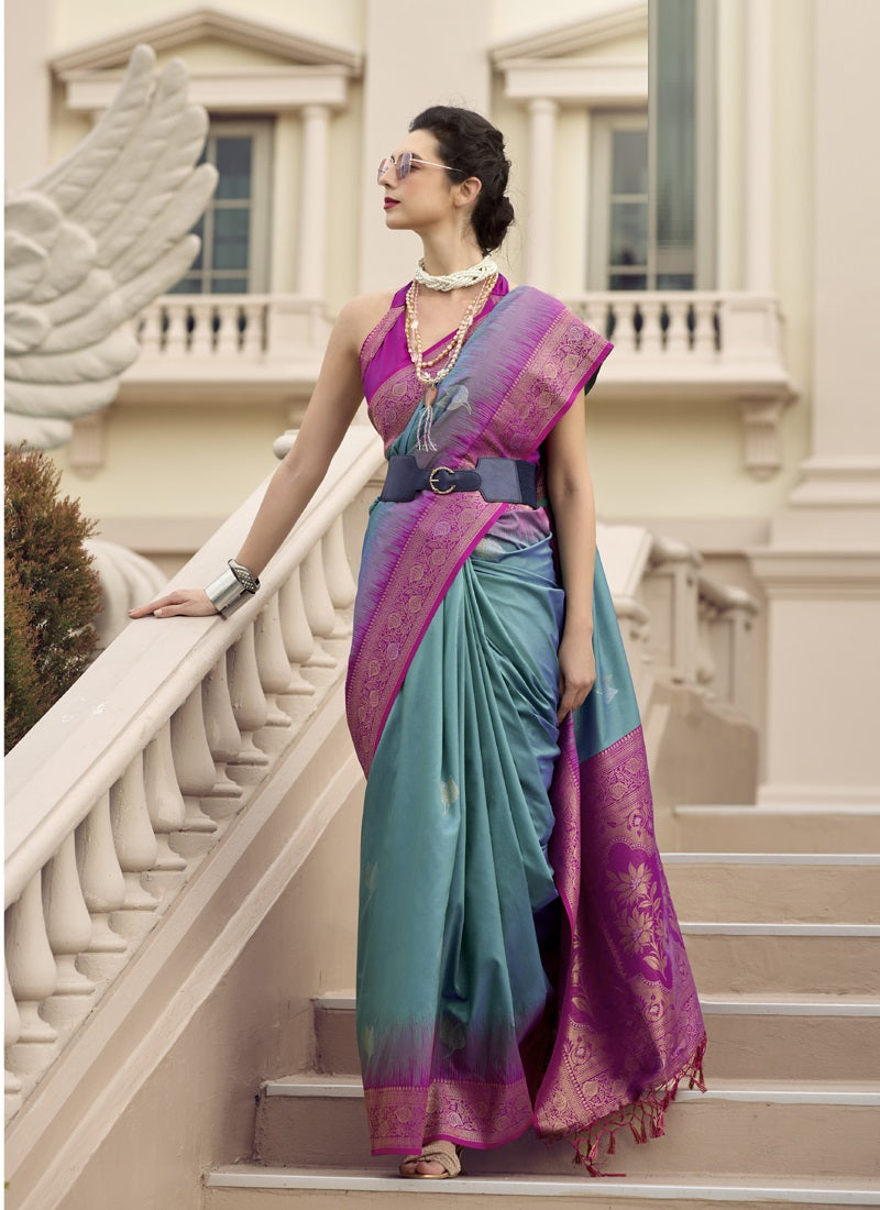Magenta & Sky Blue Tradtional Wear Saree