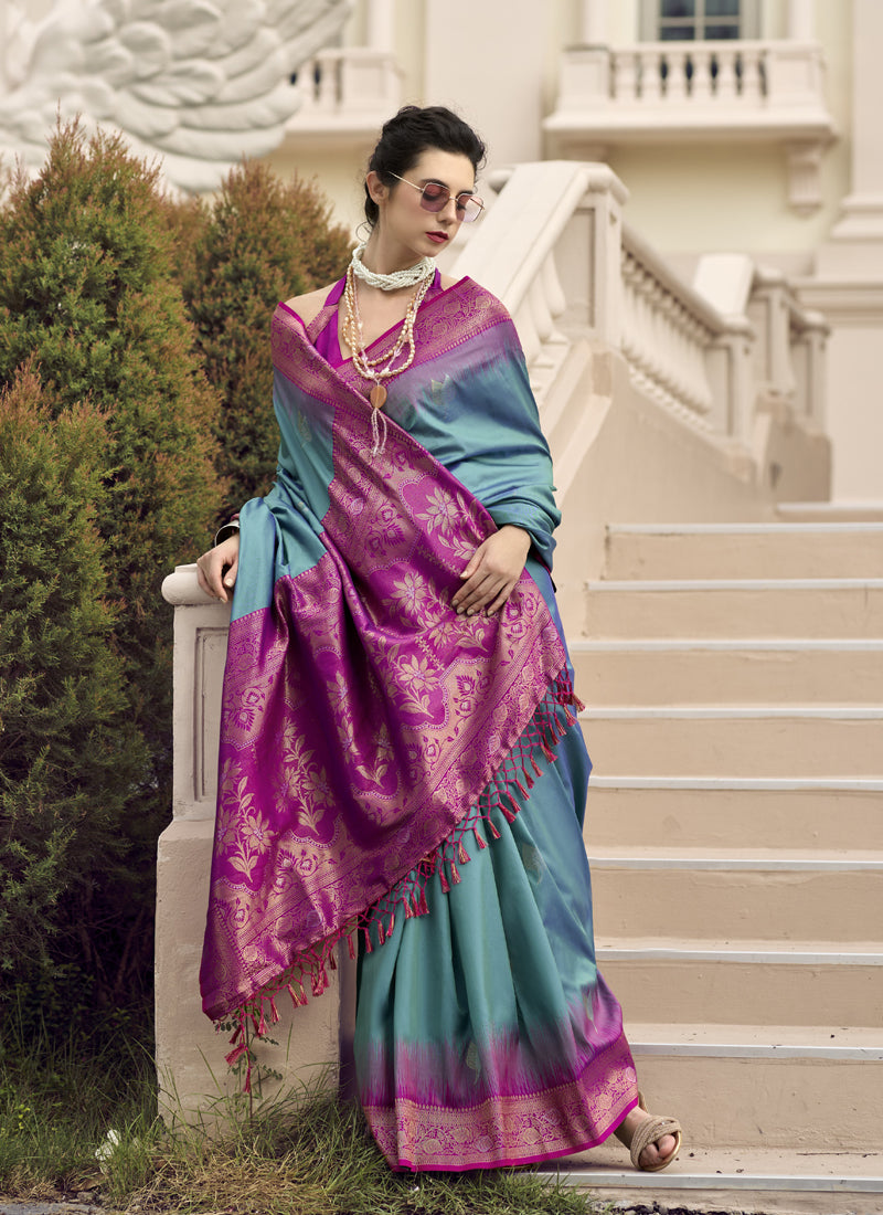 Magenta & Sky Blue Tradtional Wear Saree