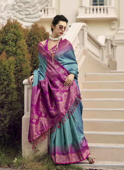 Magenta & Sky Blue Tradtional Wear Saree