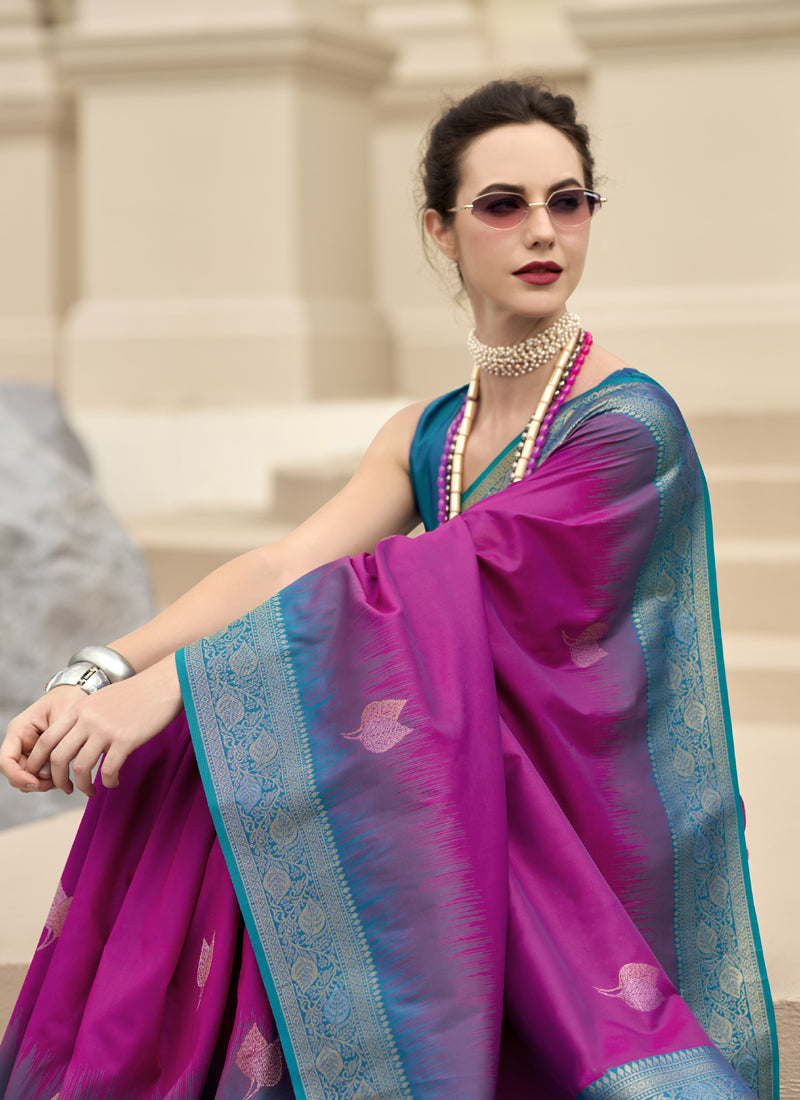 Sky Blue & Magenta Soft Silk Tradtional Wear Saree