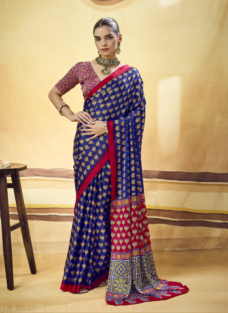 Satin Ajrakh Printed Casual Wear Saree