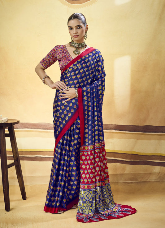 Satin Ajrakh Printed Casual Wear Saree