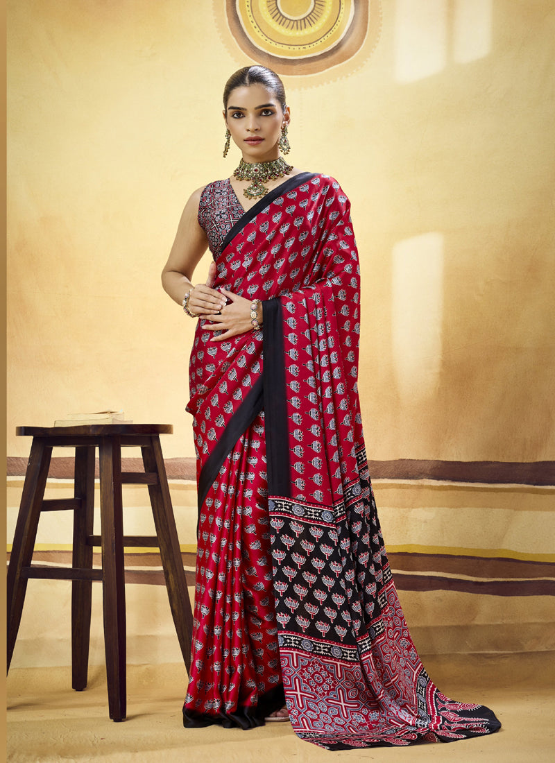 Satin Ajrakh Printed Casual Wear Saree