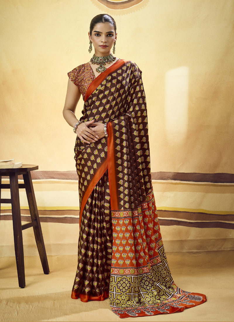Satin Ajrakh Printed Casual Wear Saree