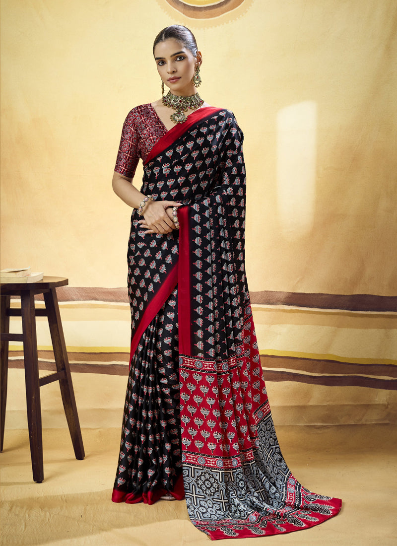 Satin Ajrakh Printed Casual Wear Saree