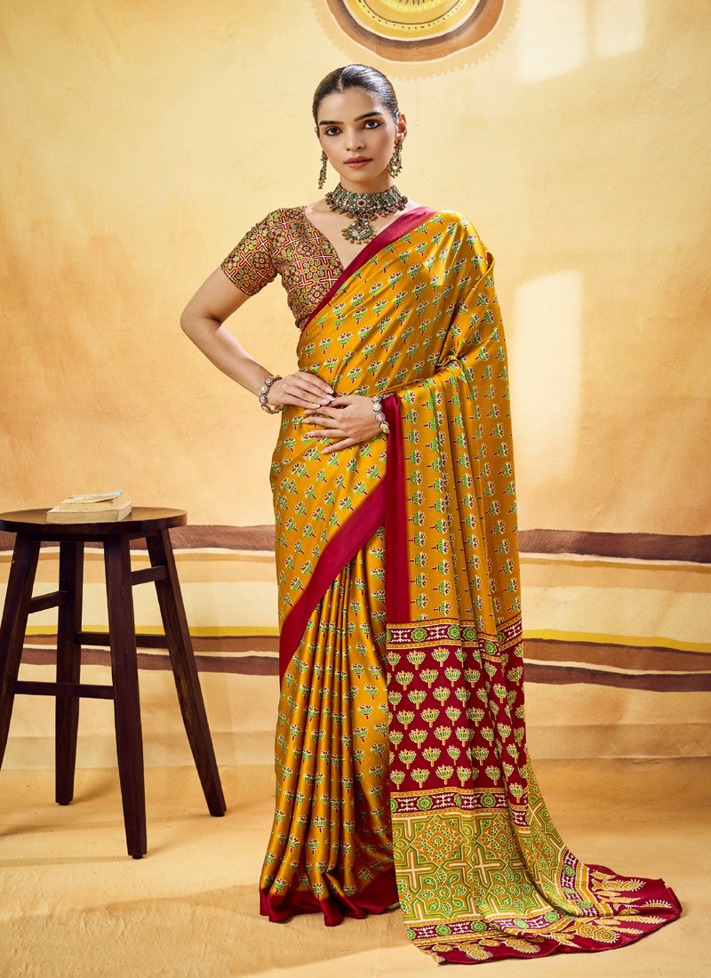 Satin Ajrakh Printed Casual Wear Saree