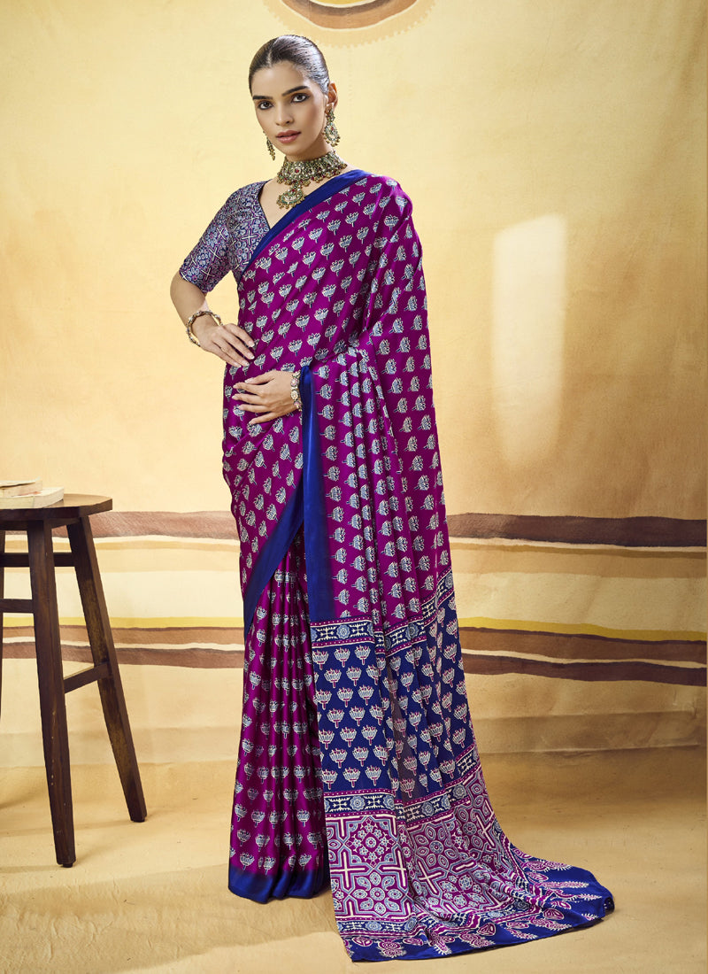 Satin Ajrakh Printed Casual Wear Saree