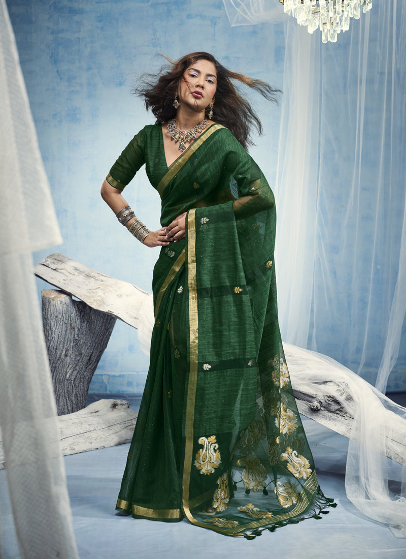 Pure Munga Silk Handloom Saree and Contrast Weaving Border with Organza Pallu