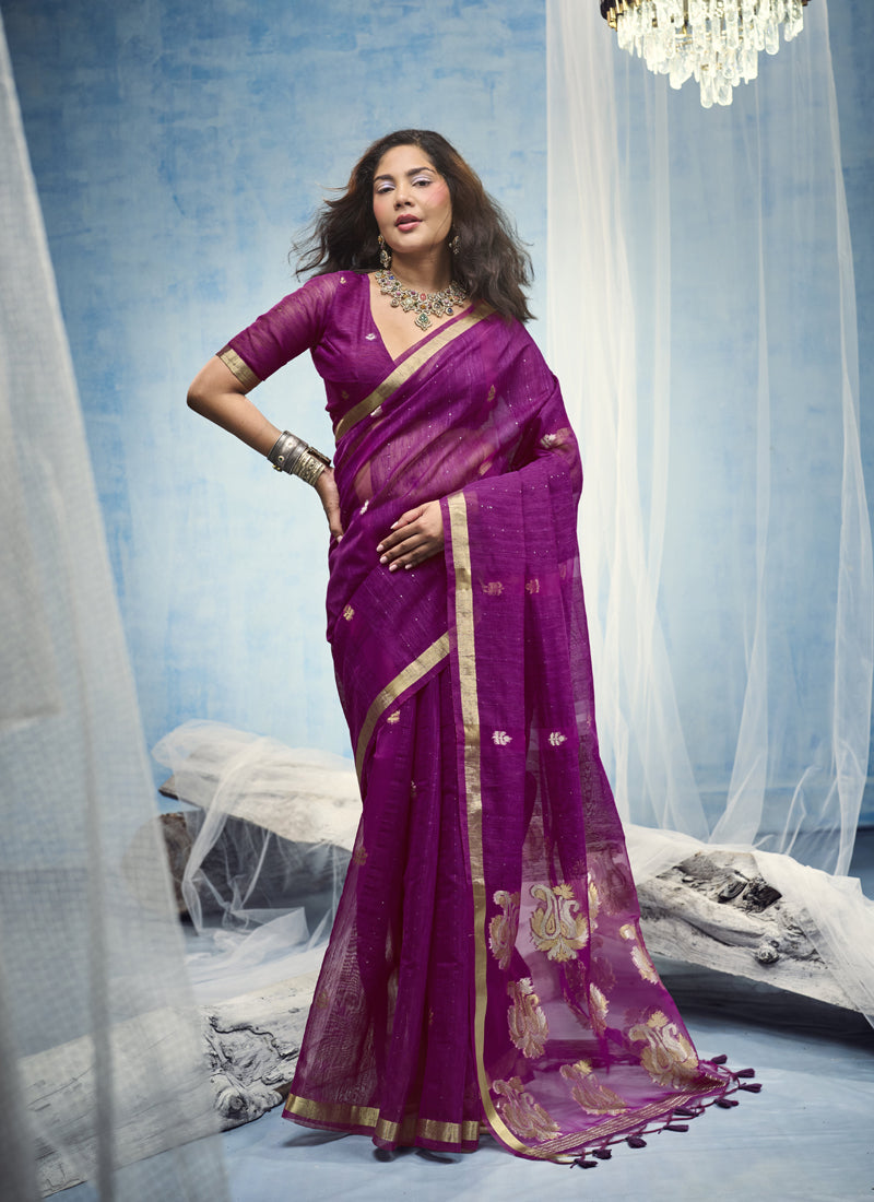 Pure Munga Silk Handloom Saree and Contrast Weaving Border with Organza Pallu
