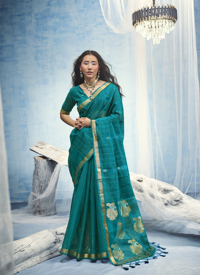 Pure Munga Silk Handloom Saree and Contrast Weaving Border with Organza Pallu