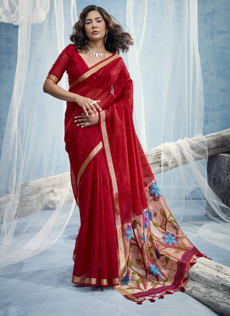 Pure Munga Silk Handloom Saree & Contrast Weaving Border with Tissue Pallu