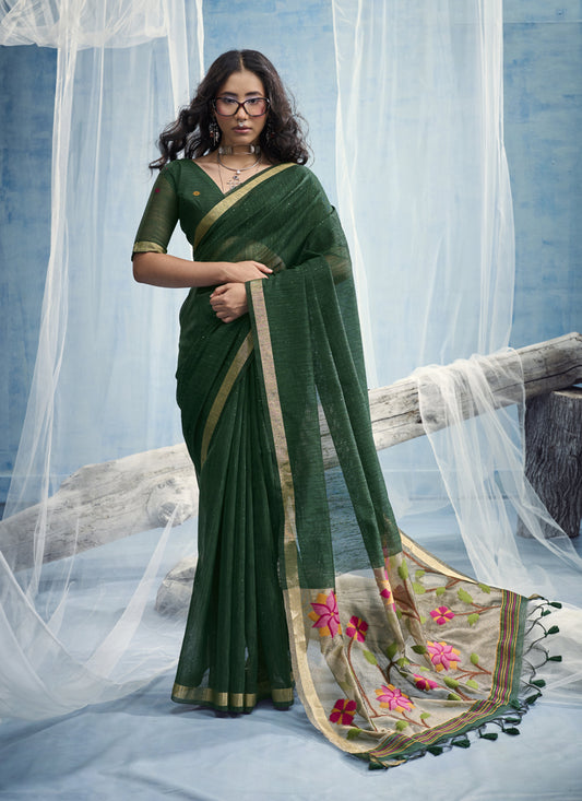 Pure Munga Silk Handloom Saree & Contrast Weaving Border with Tissue Pallu