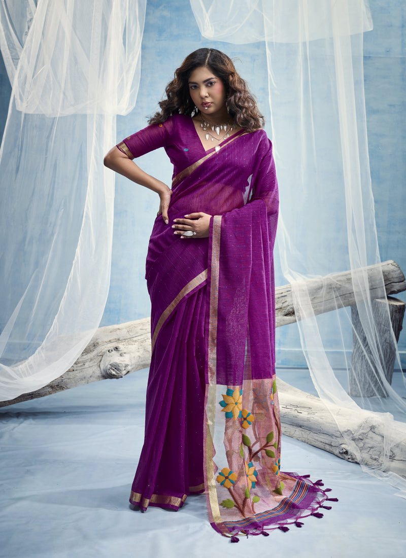 Pure Munga Silk Handloom Saree & Contrast Weaving Border with Tissue Pallu