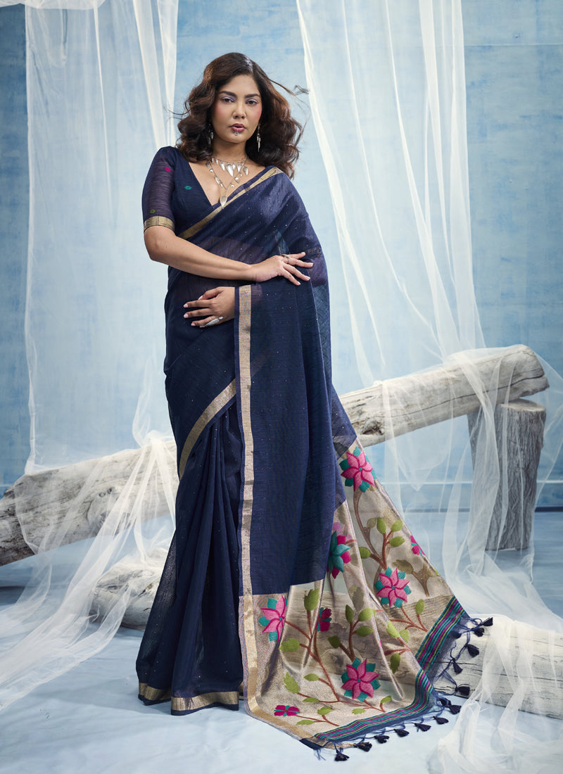Pure Munga Silk Handloom Saree & Contrast Weaving Border with Tissue Pallu