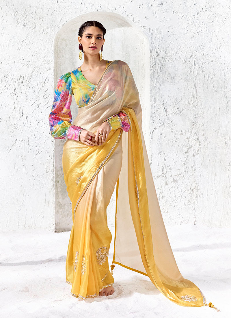 Silk Oraganza Designer Border With Sequience Work Festive Wear Saree