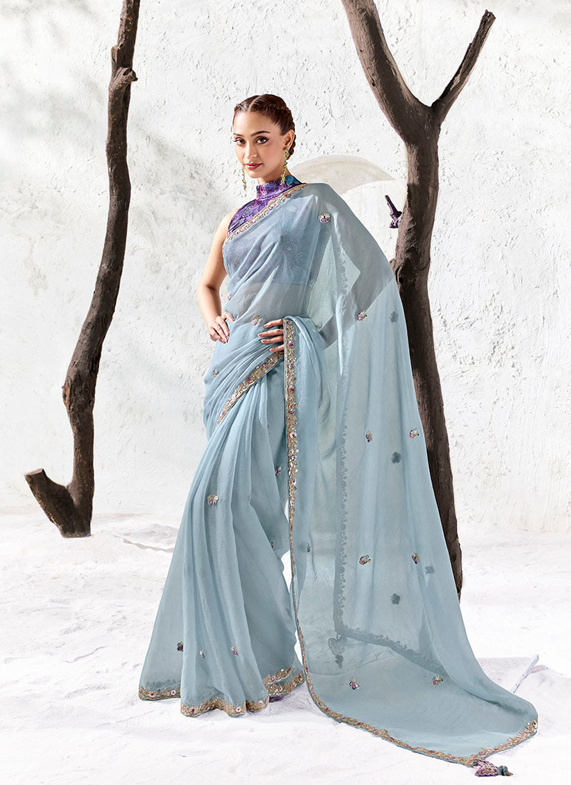 Silk Oraganza Designer Border With Sequience Work Festive Wear Saree