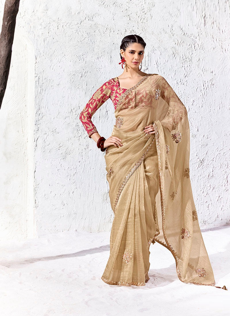 Silk Oraganza Designer Border With Sequience Work Festive Wear Saree