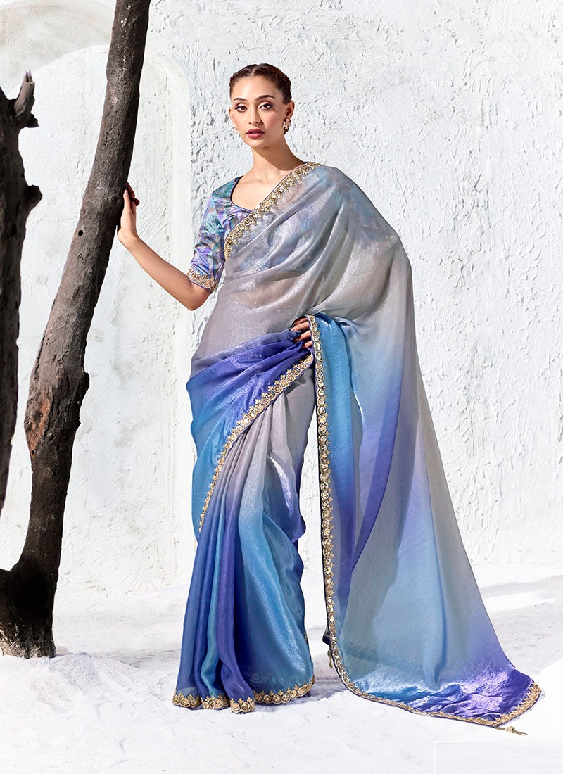 Silk Oraganza Designer Border With Sequience Work Festive Wear Saree
