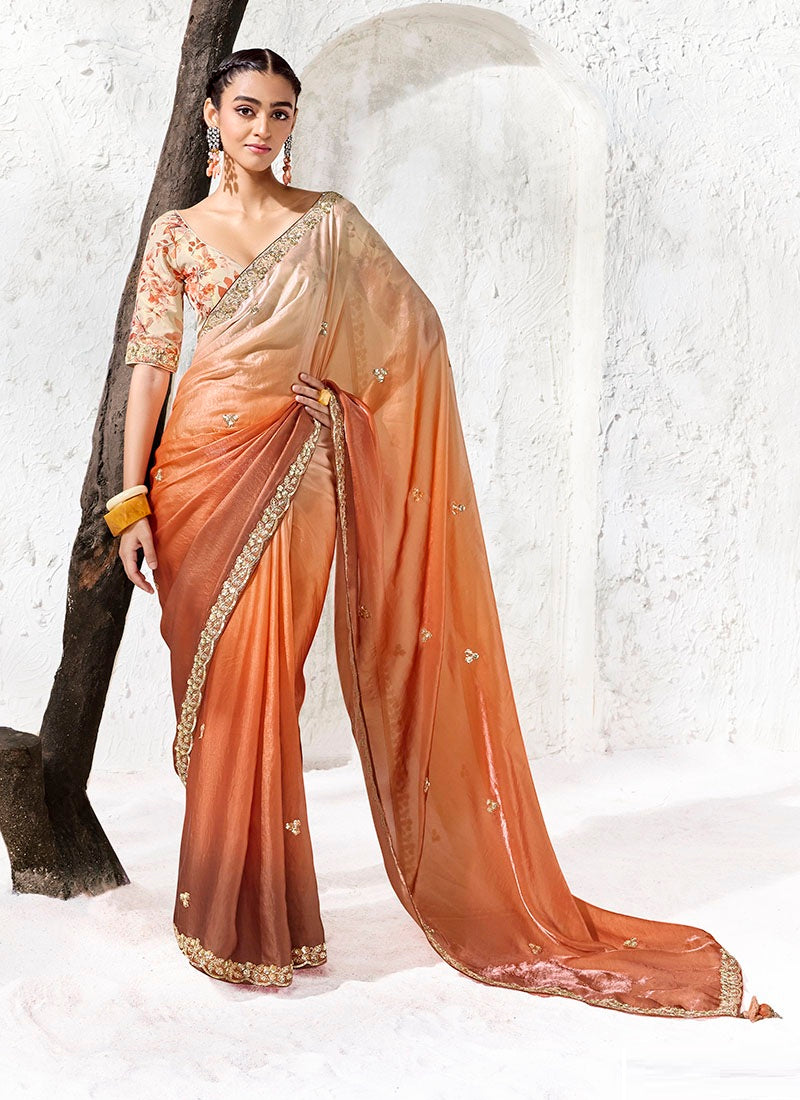 Silk Oraganza Designer Border With Sequience Work Festive Wear Saree