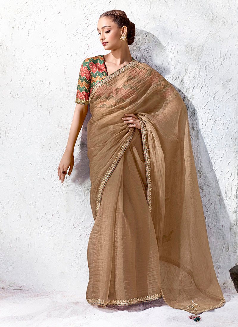 Silk Oraganza Designer Border With Sequience Work Festive Wear Saree