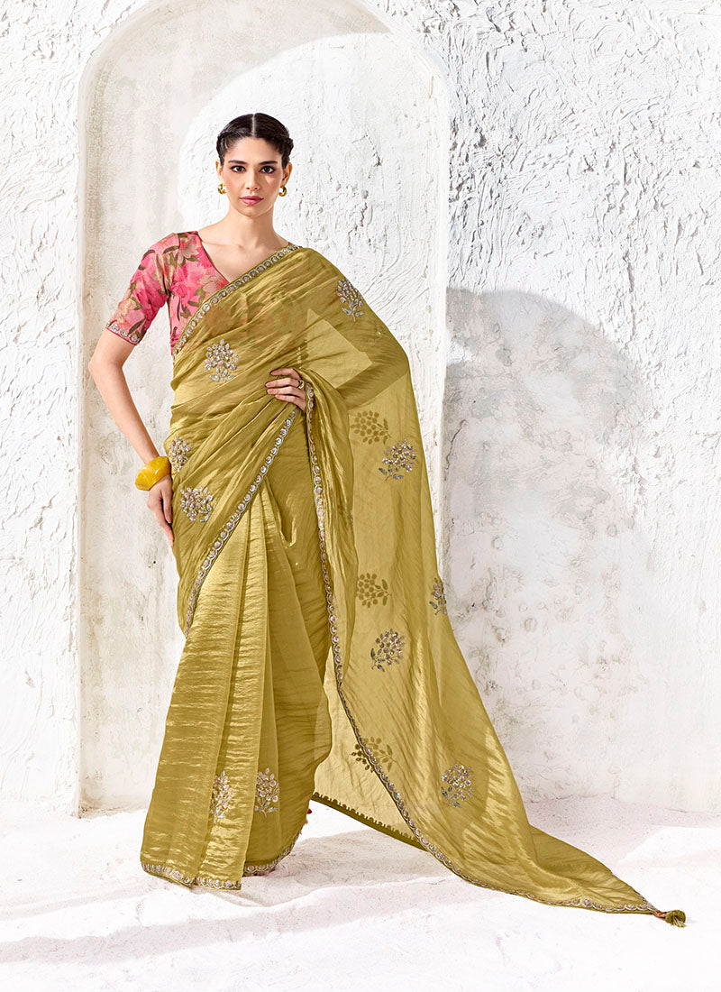 Silk Oraganza Designer Border With Sequience Work Festive Wear Saree