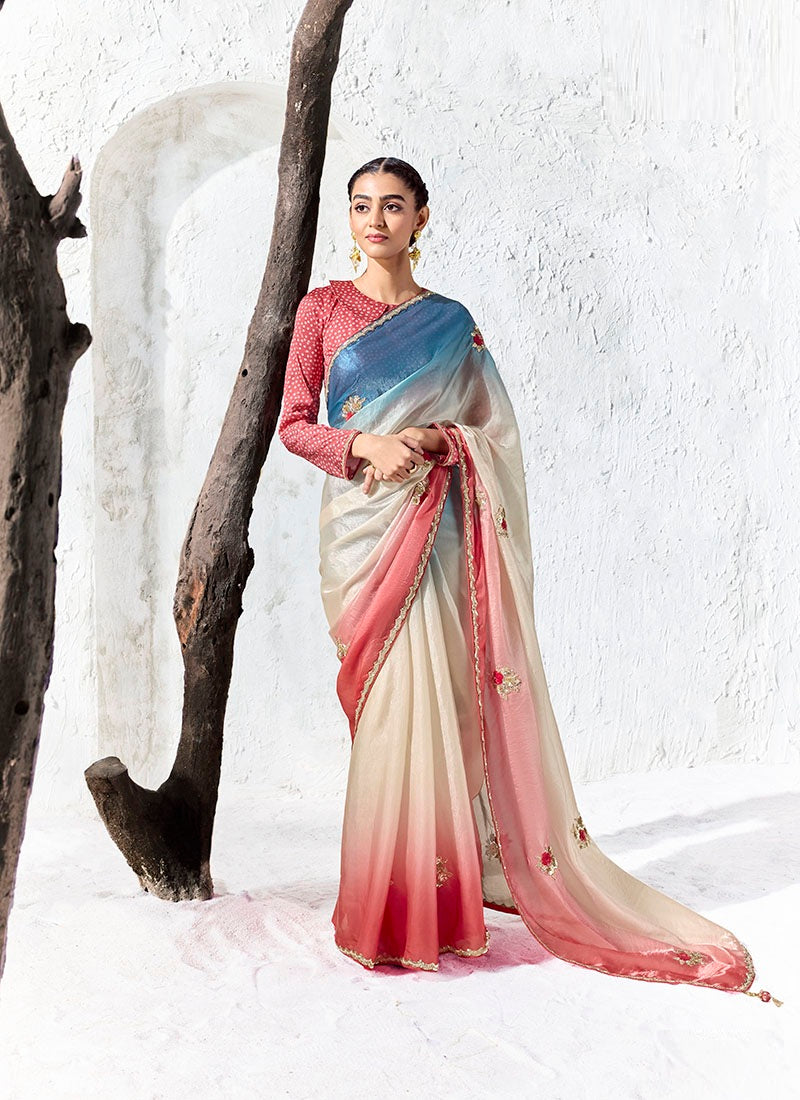 Silk Oraganza Designer Border With Sequience Work Festive Wear Saree