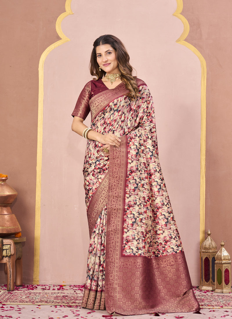 Maroon Tussar Silk Jacquard Abstract Digital Print Saree with Matching Blouse