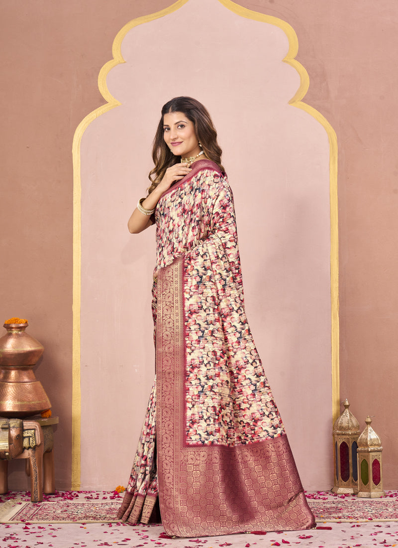 Maroon Tussar Silk Jacquard Abstract Digital Print Saree with Matching Blouse