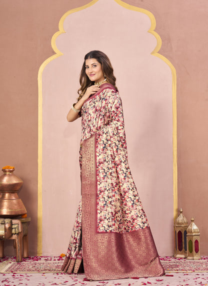 Maroon Tussar Silk Jacquard Abstract Digital Print Saree with Matching Blouse