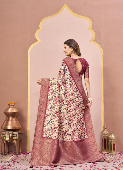 Maroon Tussar Silk Jacquard Abstract Digital Print Saree with Matching Blouse