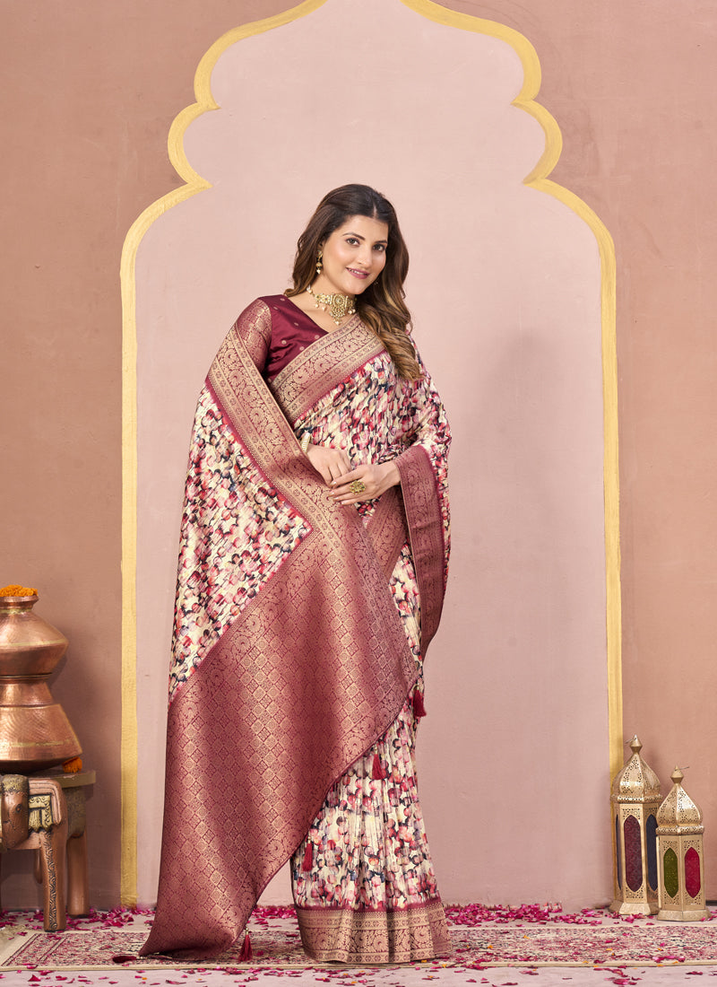 Maroon Tussar Silk Jacquard Abstract Digital Print Saree with Matching Blouse