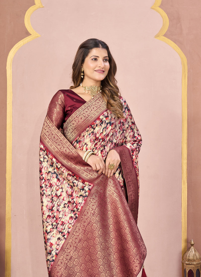 Maroon Tussar Silk Jacquard Abstract Digital Print Saree with Matching Blouse