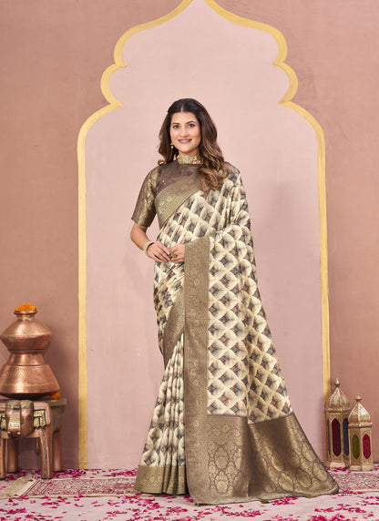 Coffee Tussar Silk Jacquard Abstract Digital Print Saree with Unstitched Blouse