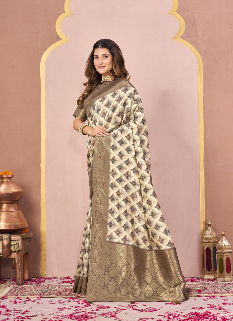 Coffee Tussar Silk Jacquard Abstract Digital Print Saree with Unstitched Blouse