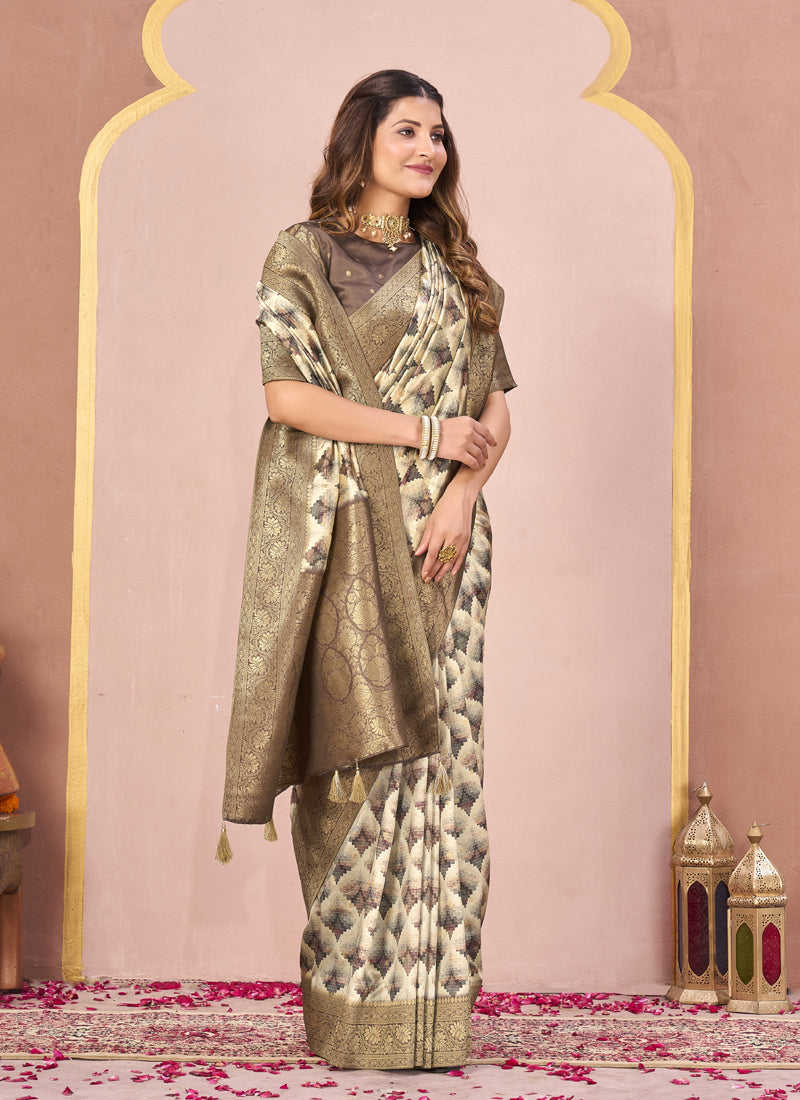 Coffee Tussar Silk Jacquard Abstract Digital Print Saree with Unstitched Blouse