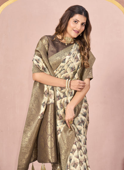 Coffee Tussar Silk Jacquard Abstract Digital Print Saree with Unstitched Blouse
