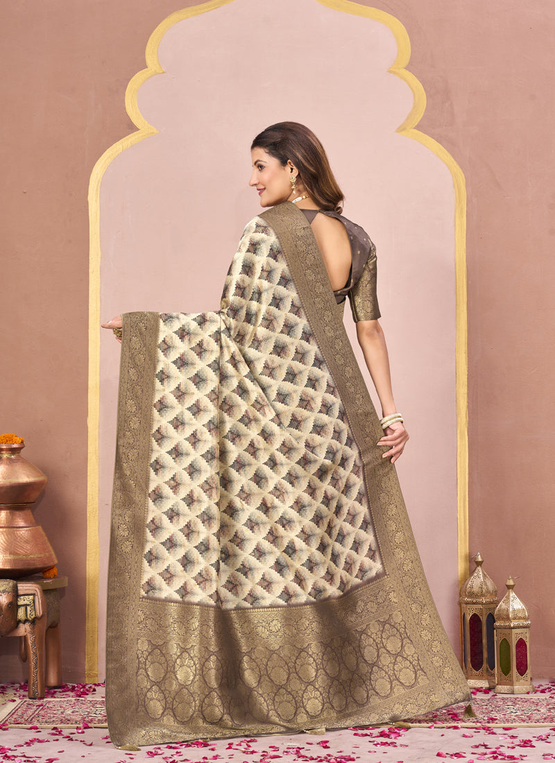 Coffee Tussar Silk Jacquard Abstract Digital Print Saree with Unstitched Blouse