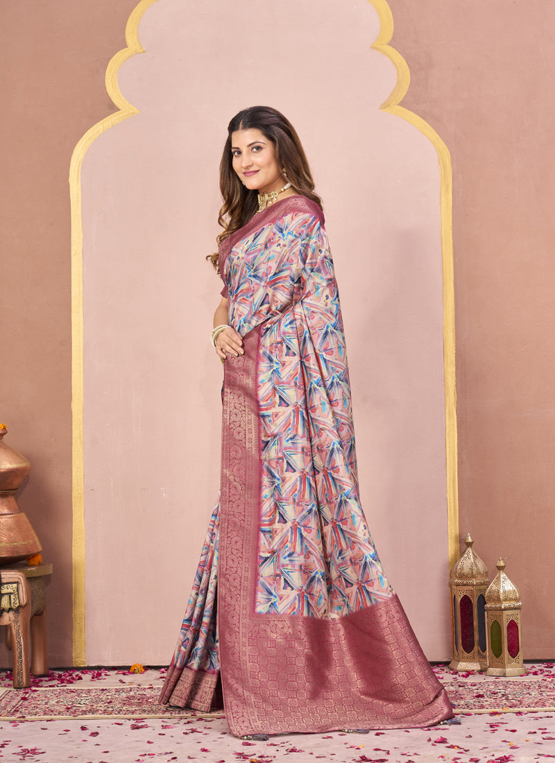 Gajari Tussar Silk Jacquard Abstract Digital Print Saree with Unstitched Blouse